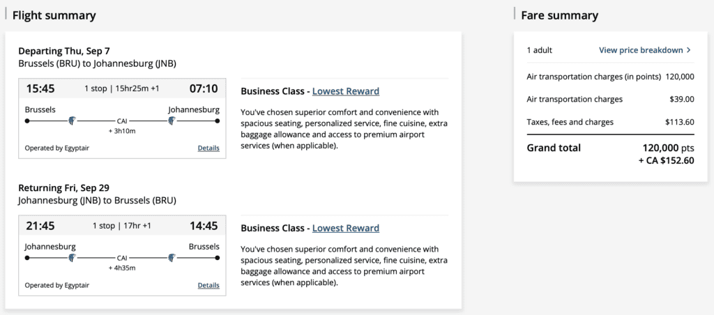Europe to South Africa Aeroplan J