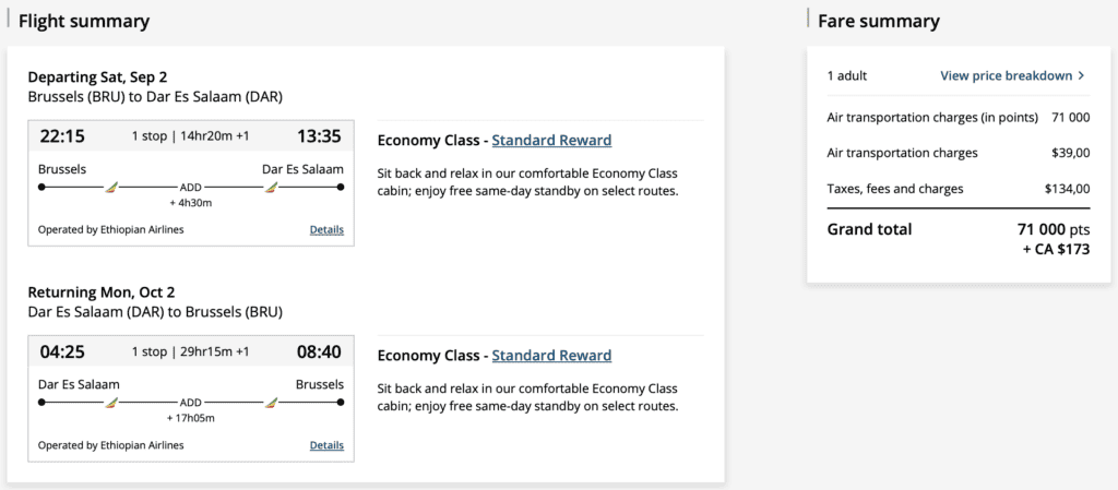 Europe to Tanzania Aeroplan