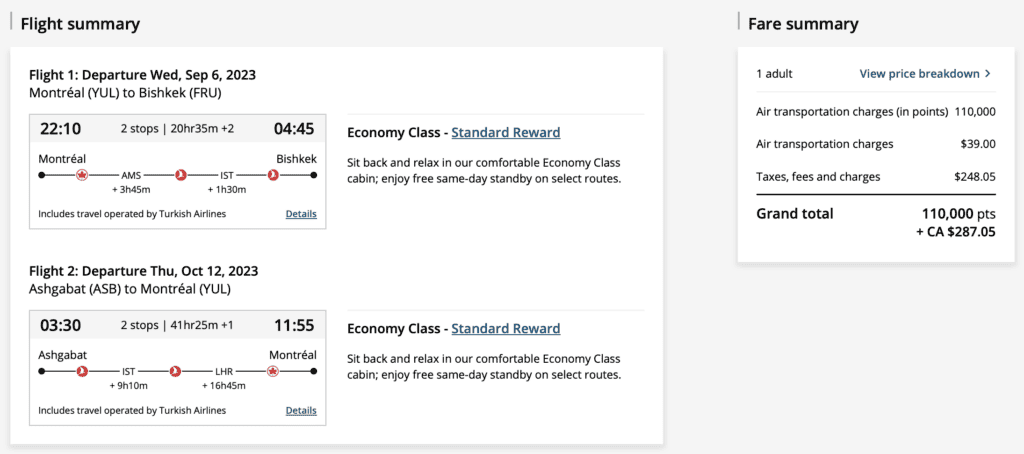 YUL to Central Asia Aeroplan