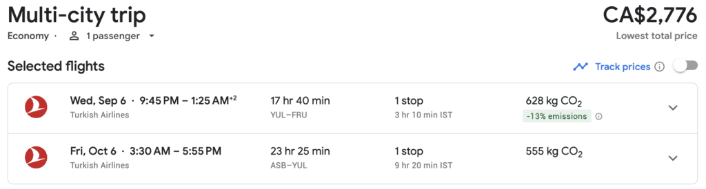 YUL to Central Asia Cash