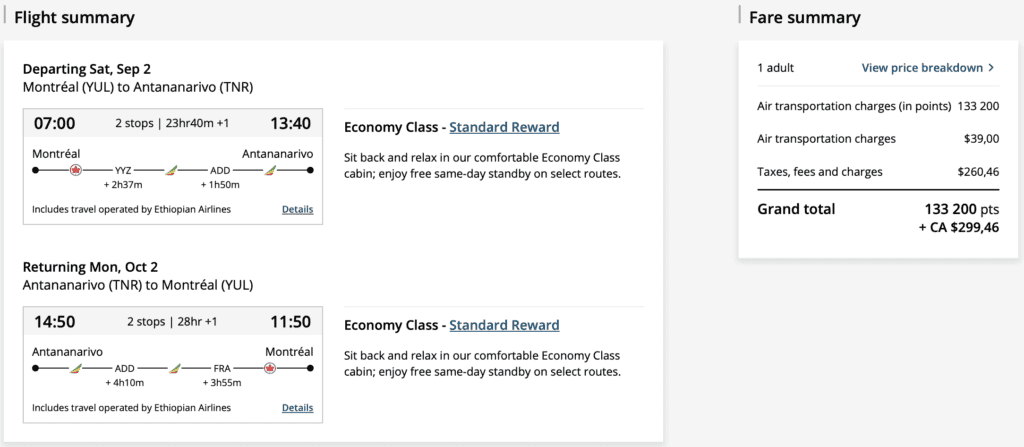 YUL to Madagascar Aeroplan