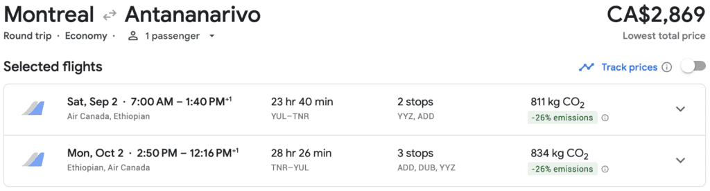 YUL to Madagascar cash