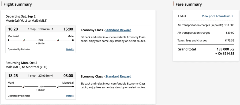 YUL to Maldives Aeroplan