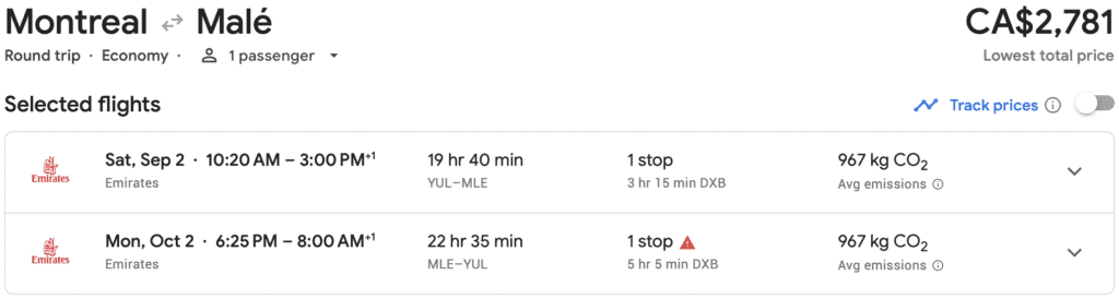 YUL to Maldives cash