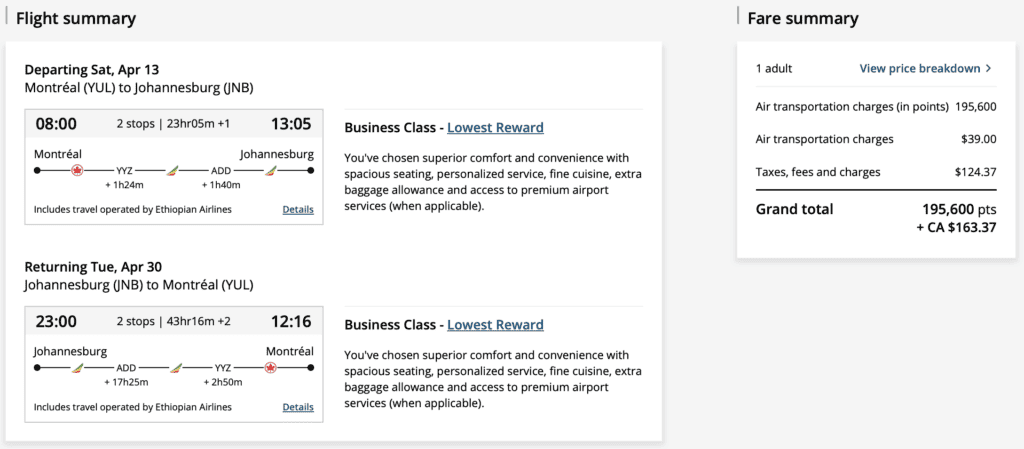 YUL to South Africa Aeroplan J