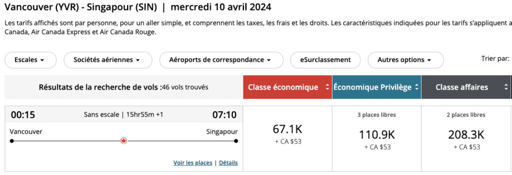 YVR SIN aeroplan points