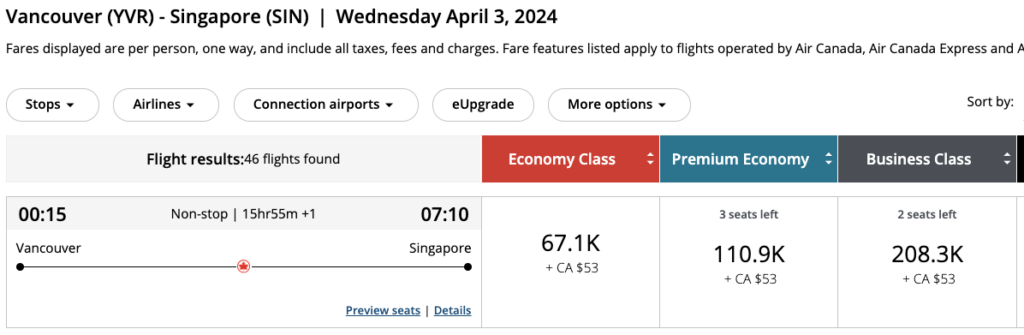 YVR SIN aeroplan points