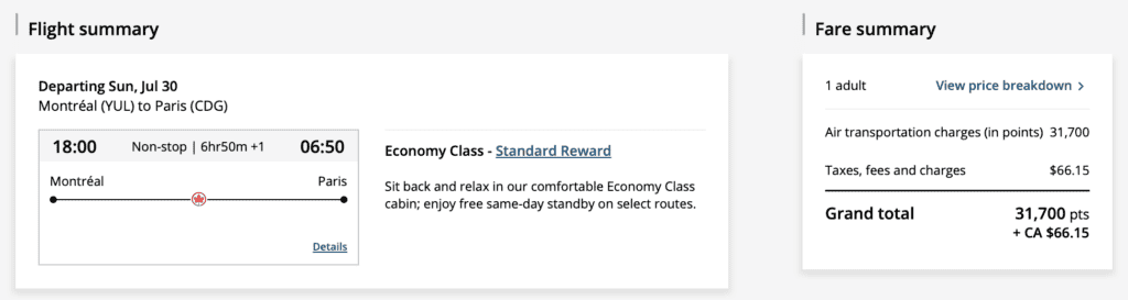 Award flight check on AC bon