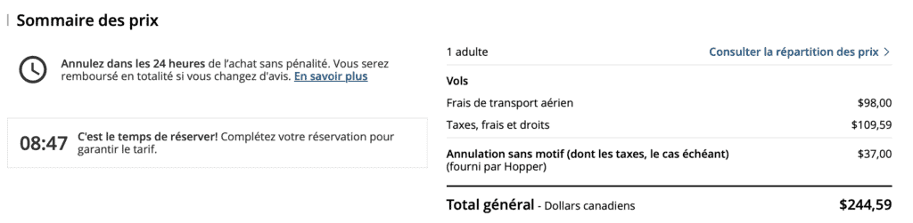 Air Canada Hopper prix annulation