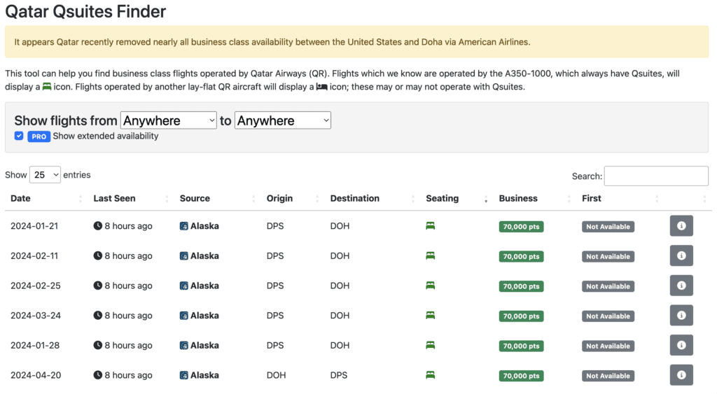 Seats aero Qsuite finder