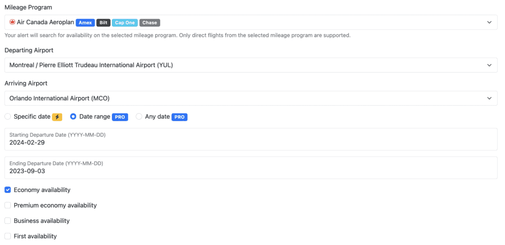 Seats aero alerts between specific airports
