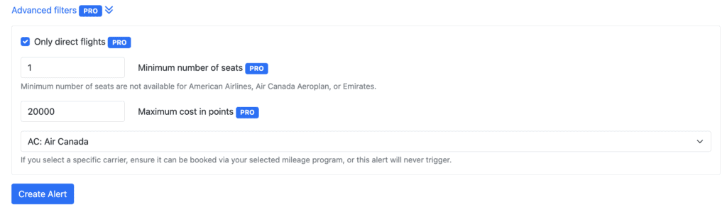 Seats aero alerts between specific airports 2