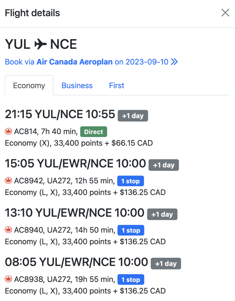Seats aero search result Y