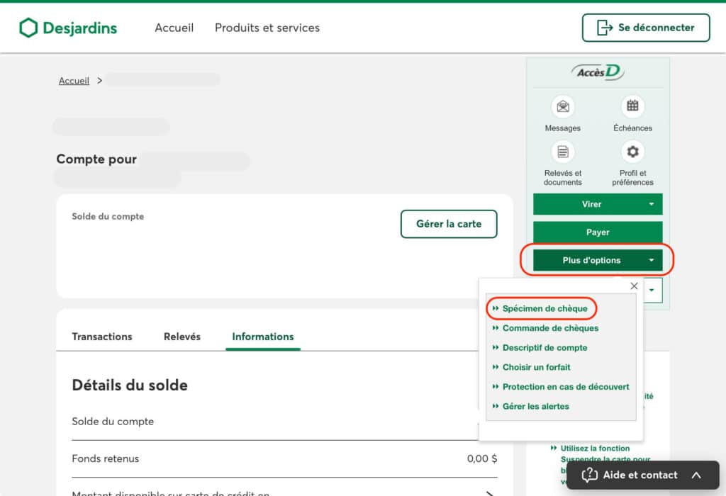 Specimen cheque Desjardins