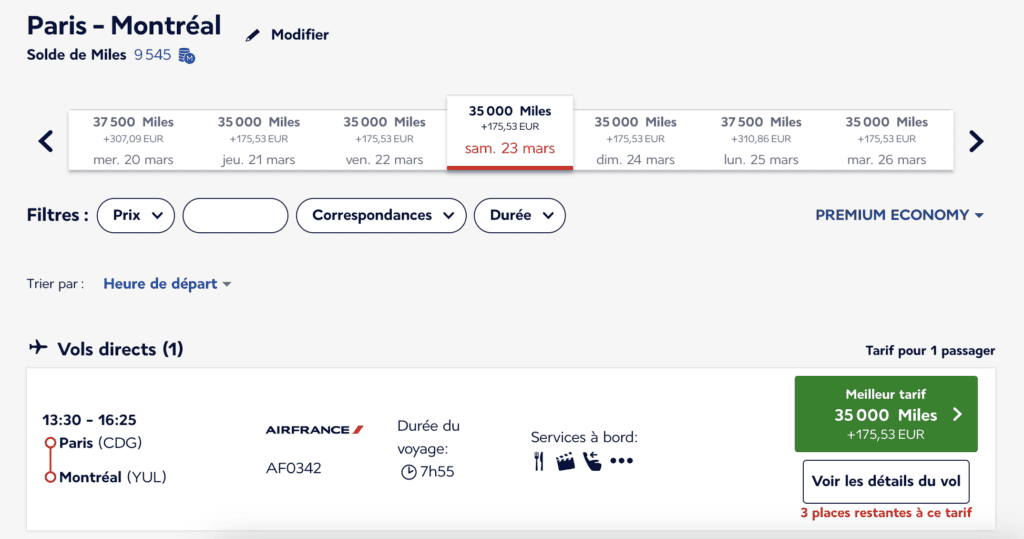 Billet prime entre Paris et Montréal en cabine Premium Economy, payable avec des Miles Flying Blue