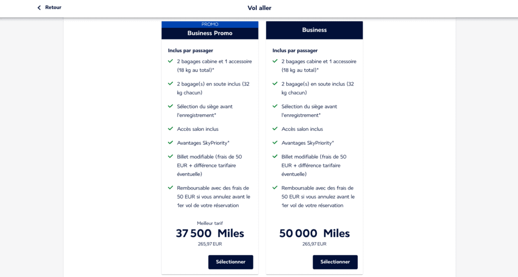 Tarifs des billets primes Air France avec avantages additionnels