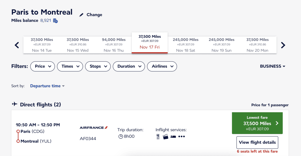 Paris - Montreal in Business with Air France for 37,500 Flying Blue Miles
