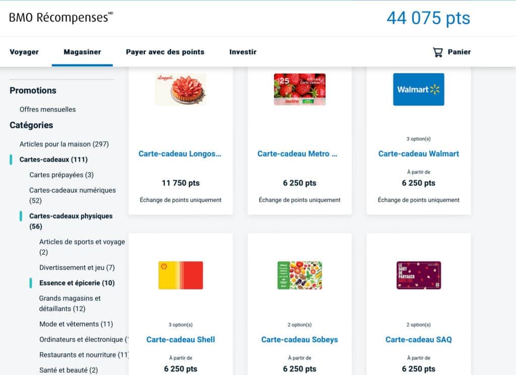 carte cadeau points bmo