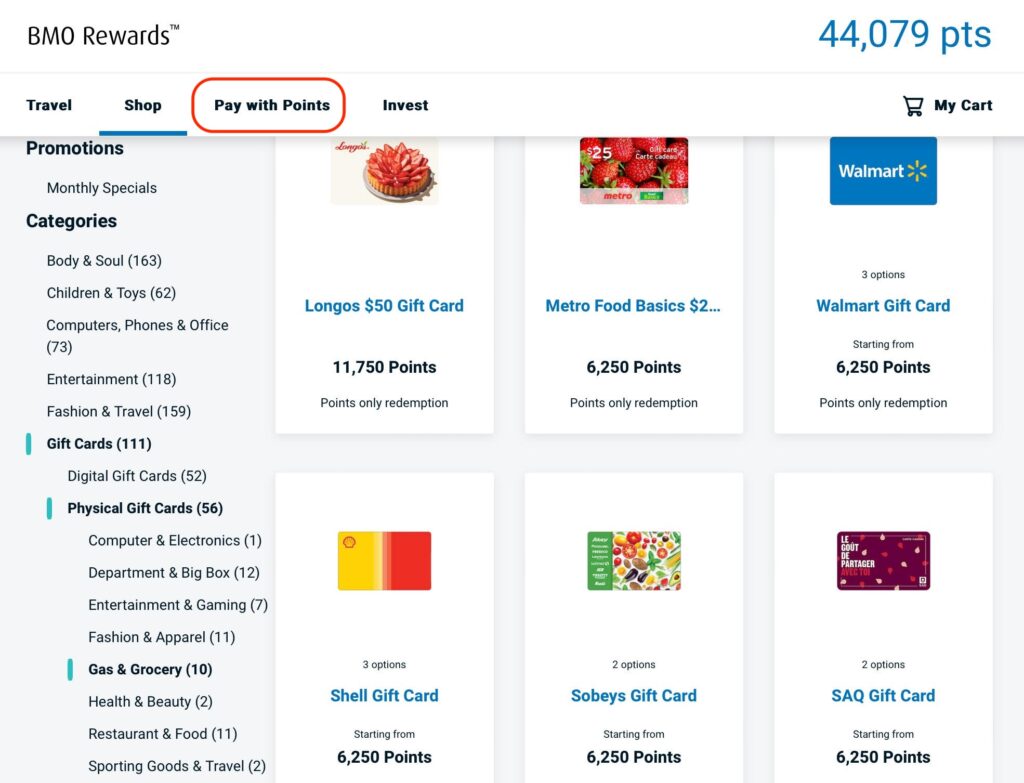 carte cadeau points bmo