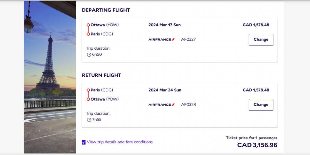 yow-cdg af business mars 2024