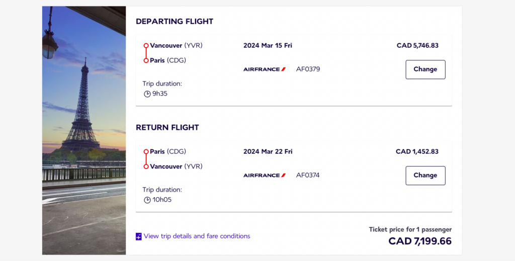 yvr cdg af business mars 2024