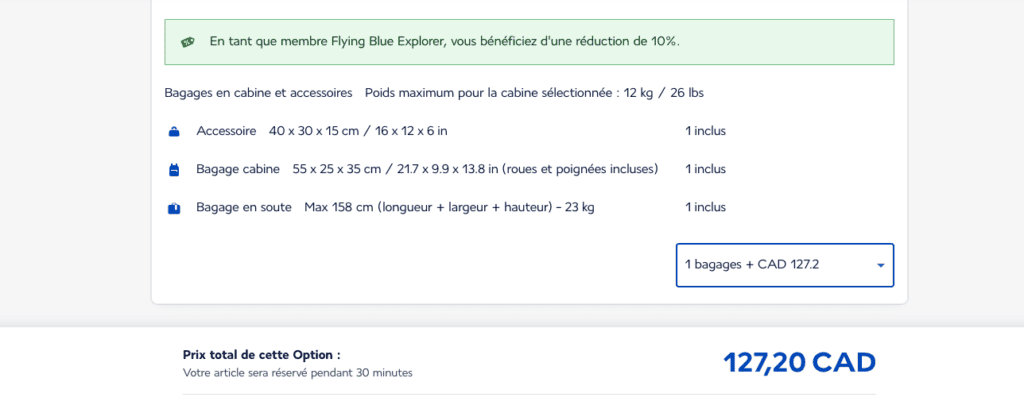 Tarif d'un bagage en soute supplémentaire avec Air France