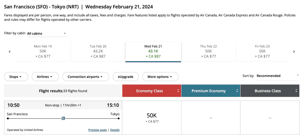Même disponibilité sur Aeroplan