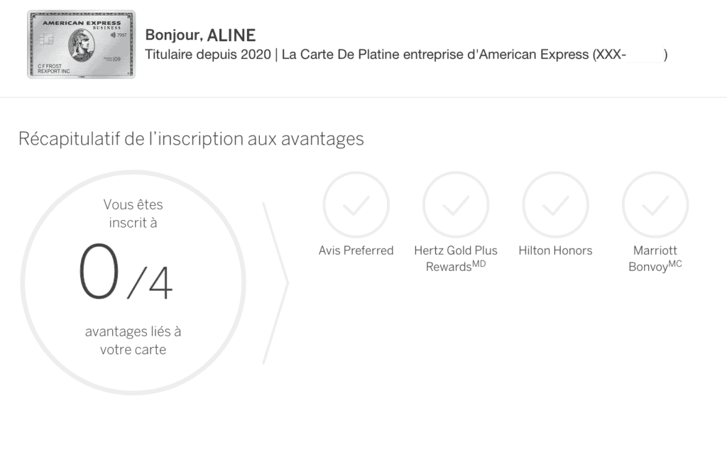 Inscription aux avantages de la Carte de Platine d’American Express