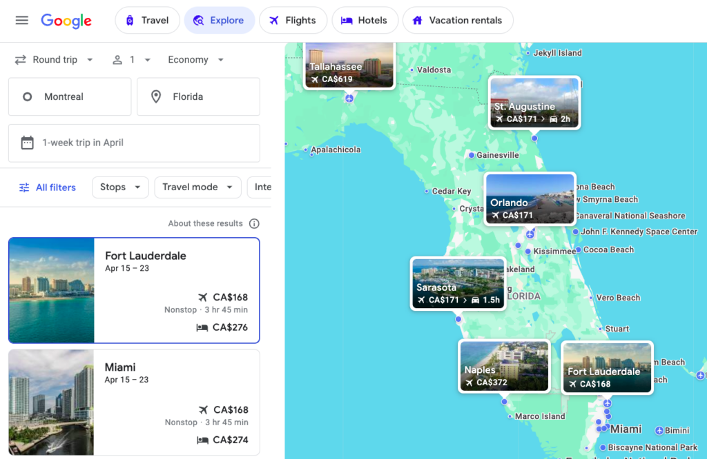 YUL Google Flight FR search