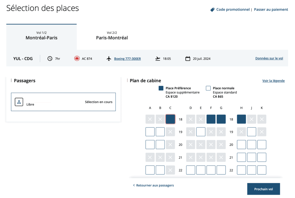 Aeroplan Eu sélection siège paris