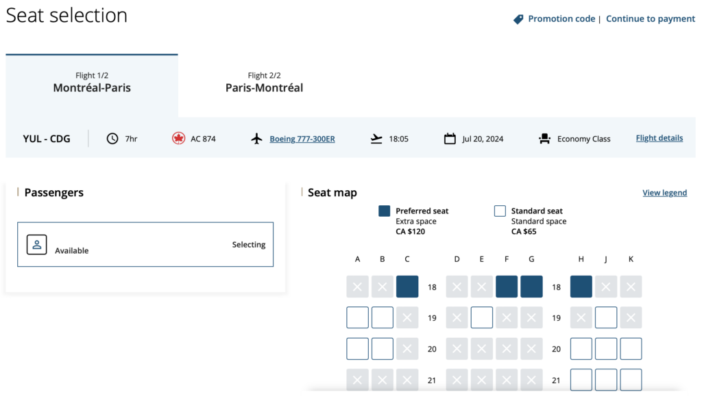 Aeroplan Eu sélection siège paris