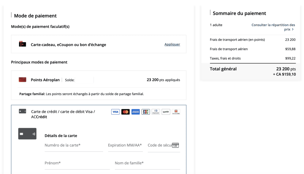 Aeroplan USA paiement
