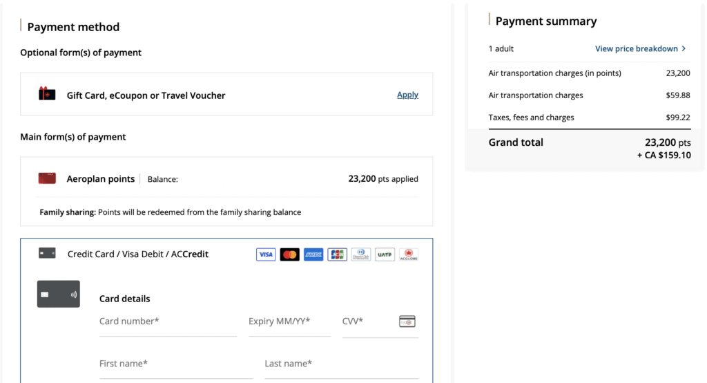Aeroplan USA paiement