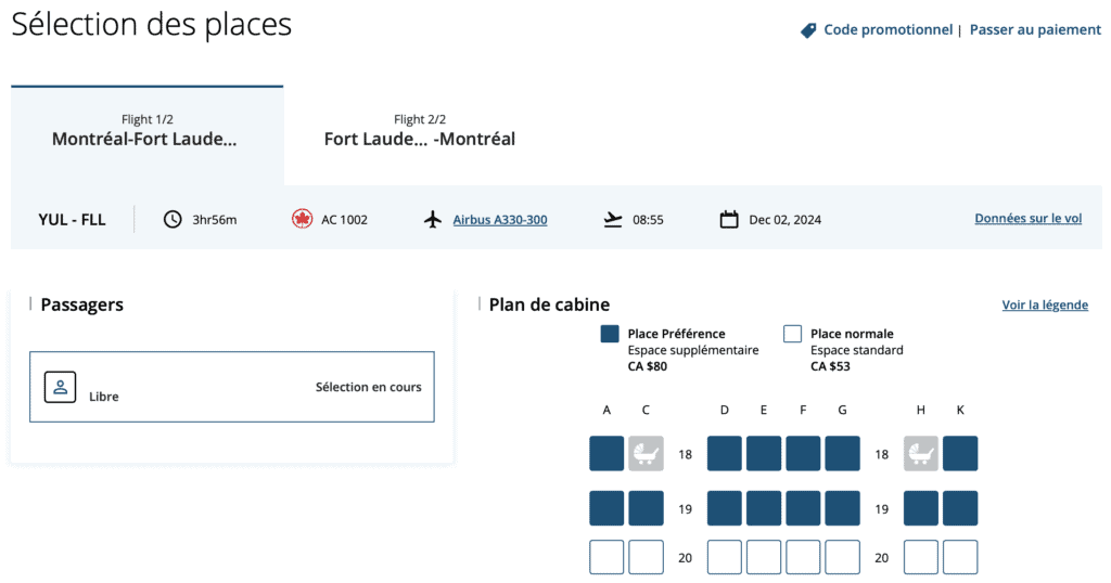 Aeroplan USA sélection siège