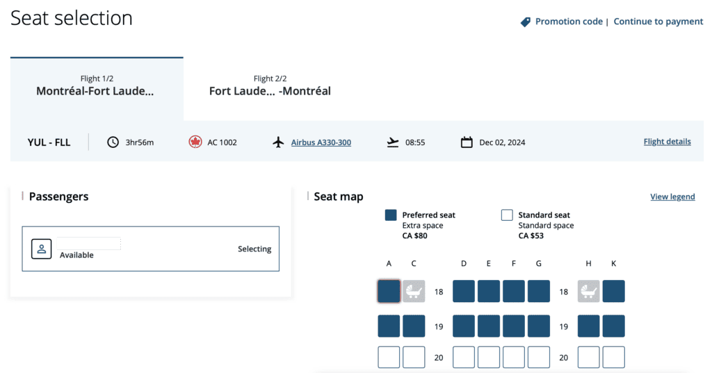 Aeroplan USA sélection siège
