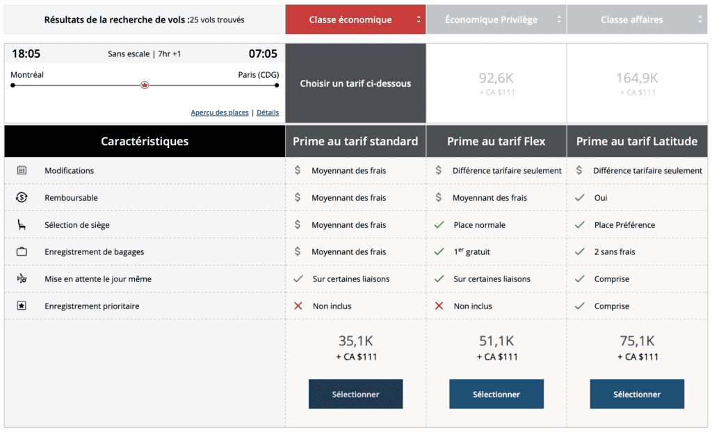 Aeroplan eu options tarif