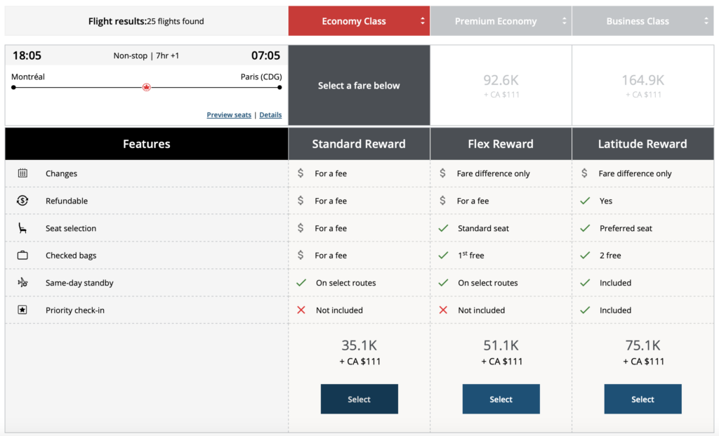 Aeroplan eu options tarif