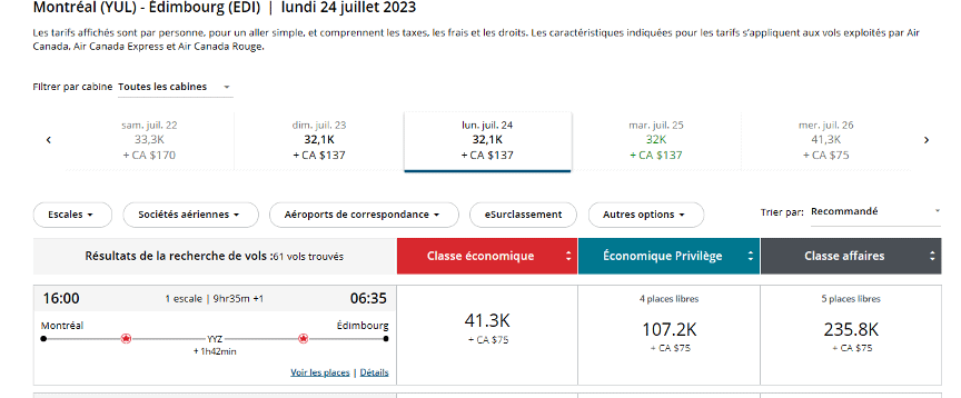 aeroplan yul edimbourg