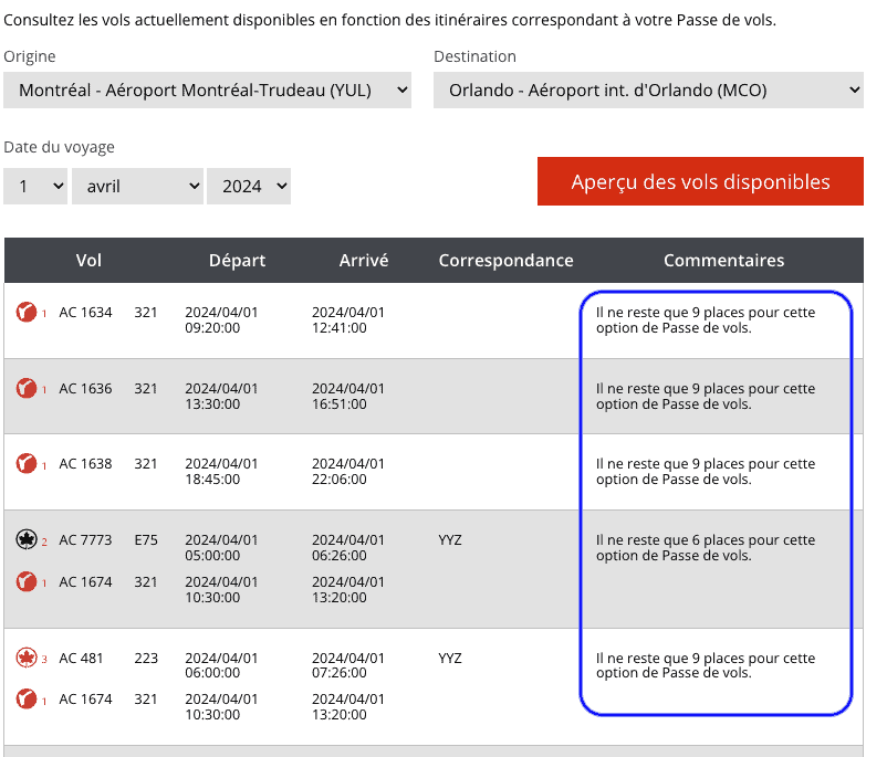 disponibilite passe vol orlando FR