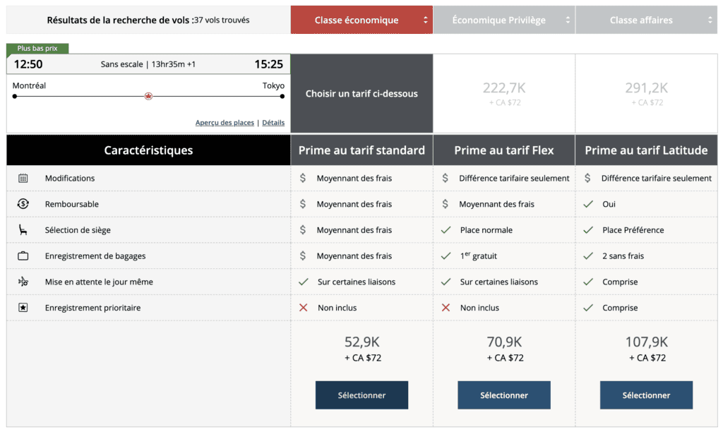 yul nrt classe tarifaire fr