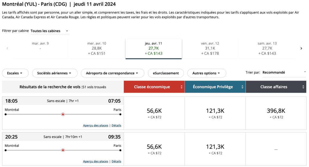 YUL CDG Derniere minute FR Aeroplan