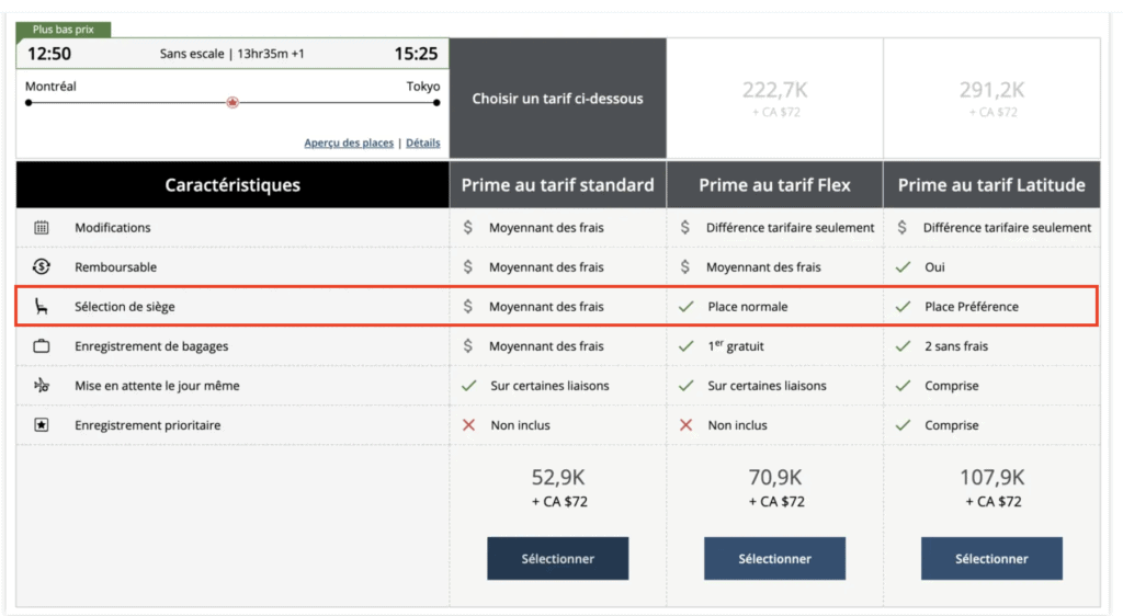 air canada classe tarifaire sieges fr