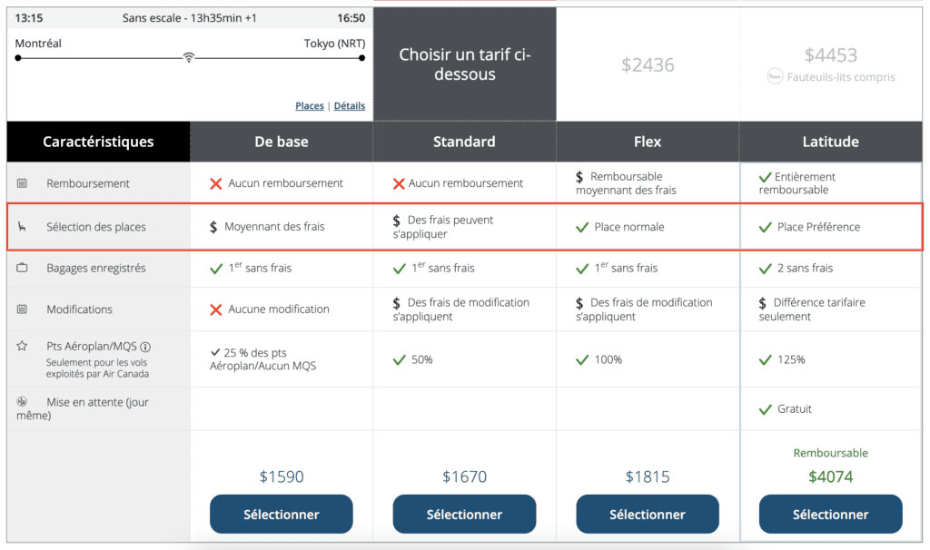 classe tarifaire air canada argent siege fr