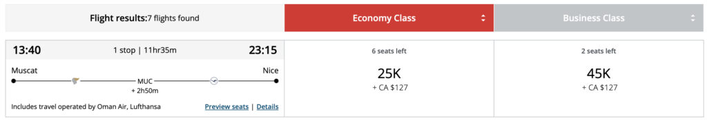 mct muc nce oman air Aeroplan