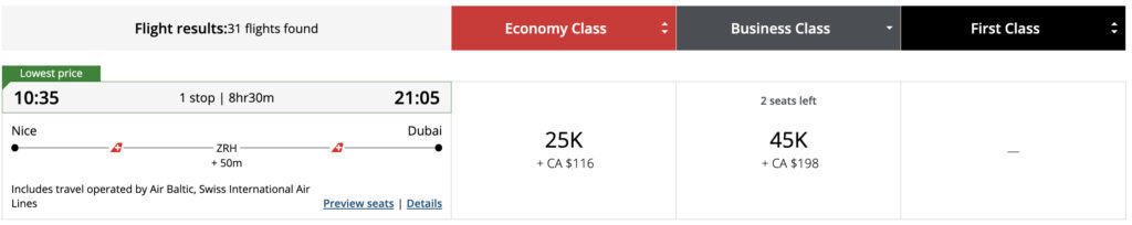 swiss aeroplan nce zrh dxb