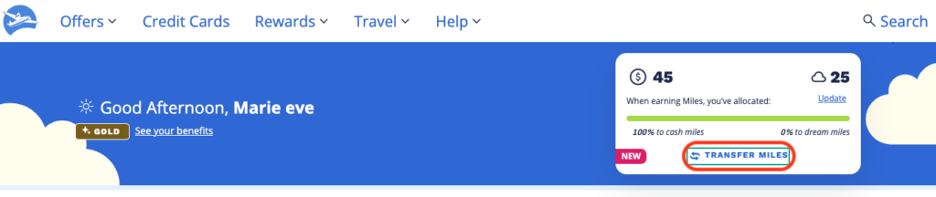 Showing where to click to transfer Miles on the Air Miles website