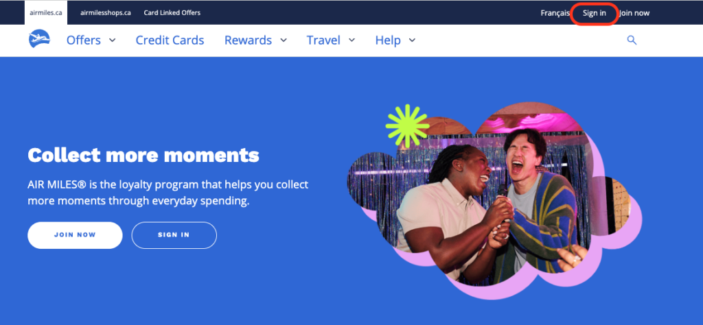 Air Miles homepage showing where to sign in