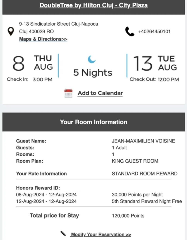 reservation hilton honors doubletree cluj points hh