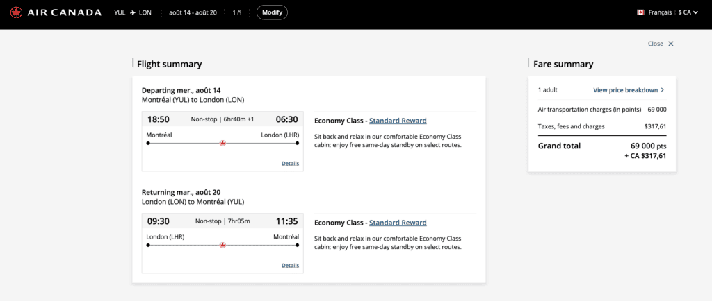 Exemple de vols avec Aeroplan